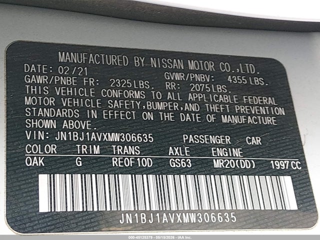 JN1BJ1AVXMW306635 Nissan Rogue Sport S Fwd Xtronic Cvt