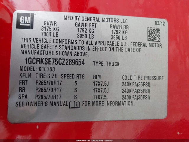 Aukcja sprzedaży 2012 Chevrolet Silverado 1500 Lt, vin: 1GCRKSE75CZ289654, numer aukcji: 45125382