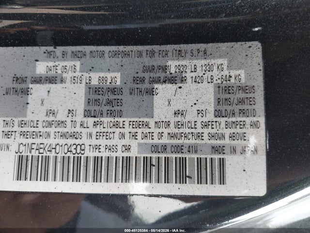 Продаж на аукціоні авто 2017 Fiat 124 Spider Classica, vin: JC1NFAEK4H0104309, номер лоту: 45125384