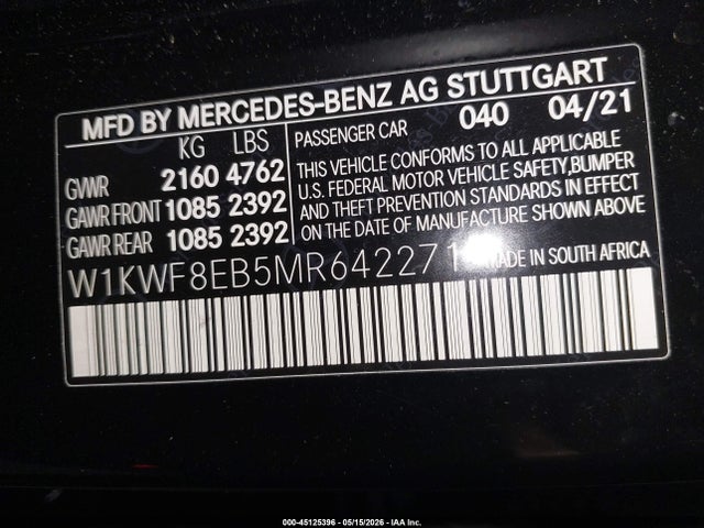 Продаж на аукціоні авто 2021 Mercedes-benz C 300 4matic, vin: W1KWF8EB5MR642271, номер лоту: 45125396