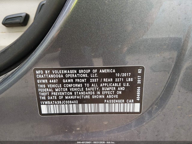Aukcja sprzedaży 2018 Volkswagen Passat 2.0t Se, vin: 1VWBA7A38JC008402, numer aukcji: 45125401