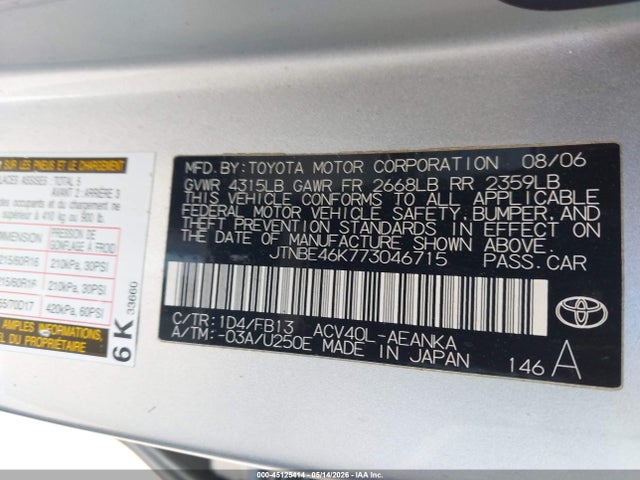 Aukcja sprzedaży 2007 Toyota Camry Le, vin: JTNBE46K773046715, numer aukcji: 45125414