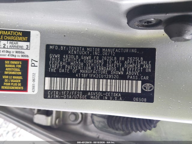 Продажа на аукционе авто 2012 Toyota Camry Se, vin: 4T1BF1FK2CU129520, номер лота: 45125419