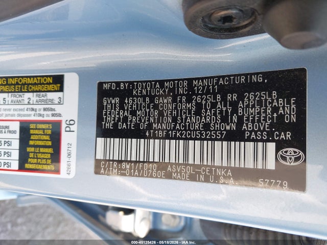 Aukcja sprzedaży 2012 Toyota Camry Le, vin: 4T1BF1FK2CU532557, numer aukcji: 45125426