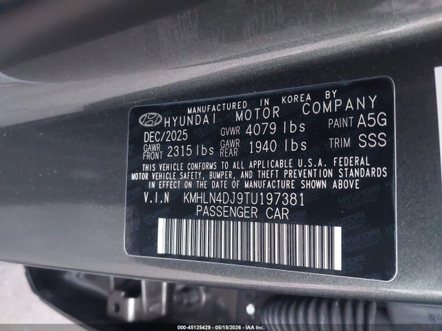 Aukcja sprzedaży 2026 Hyundai Elantra Hybrid Limited, vin: KMHLN4DJ9TU197381, numer aukcji: 45125429
