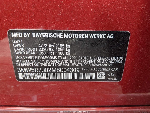 Aukcja sprzedaży 2021 Bmw 330i Xdrive, vin: 3MW5R7J02M8C04309, numer aukcji: 45125431