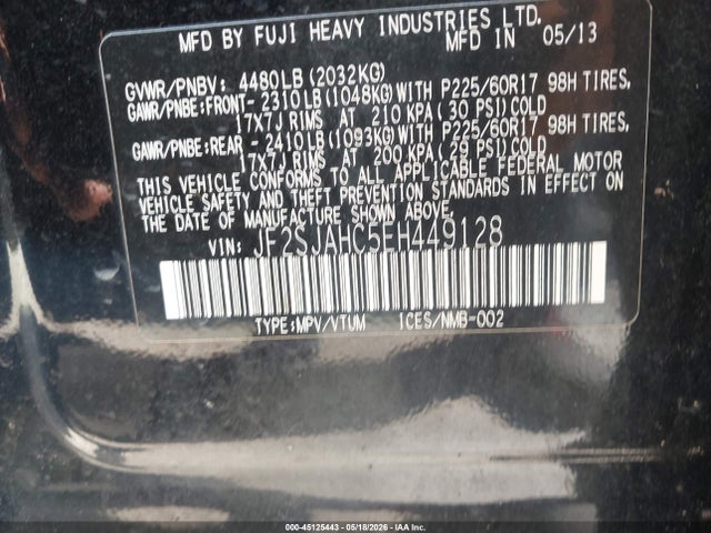 45125443 :رقم المزاد ، JF2SJAHC5EH449128 vin ، 2014 Subaru Forester 2.5i Limited مزاد بيع