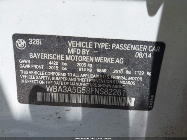 Aukcja sprzedaży 2015 Bmw 328i, vin: WBA3A5G58FNS82261, numer aukcji: 45125445