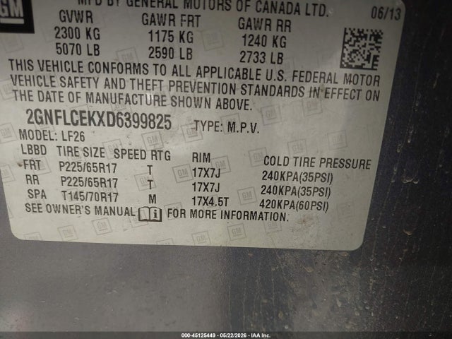 Продажа на аукционе авто 2013 Chevrolet Equinox Ls, vin: 2GNFLCEKXD6399825, номер лота: 45125449
