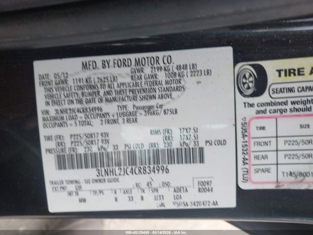 2012 Lincoln Mkz მანქანა იყიდება აუქციონზე, vin: 3LNHL2JC4CR834996, აუქციონის ნომერი: 45125450