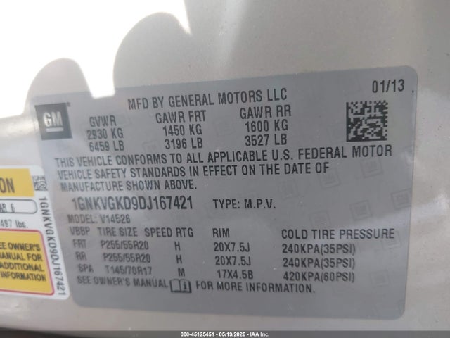 Продаж на аукціоні авто 2013 Chevrolet Traverse 1lt, vin: 1GNKVGKD9DJ167421, номер лоту: 45125451