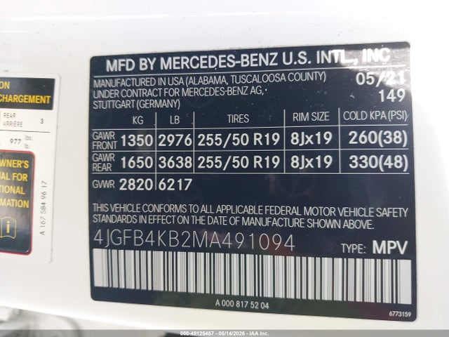 Продаж на аукціоні авто 2021 Mercedes-benz Gle 350 4matic, vin: 4JGFB4KB2MA491094, номер лоту: 45125457