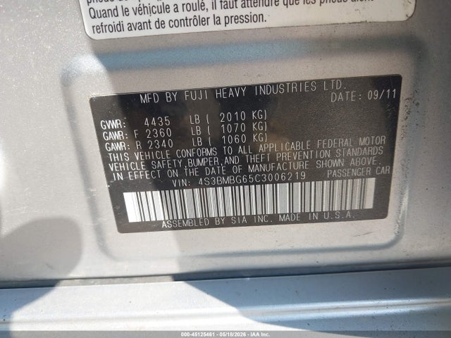 2012 Subaru Legacy 2.5i Premium მანქანა იყიდება აუქციონზე, vin: 4S3BMBG65C3006219, აუქციონის ნომერი: 45125461