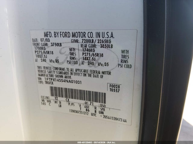 Продаж на аукціоні авто 2004 Ford F-150 Fx4/lariat/xl/xlt, vin: 1FTPX14554NA01031, номер лоту: 45125463