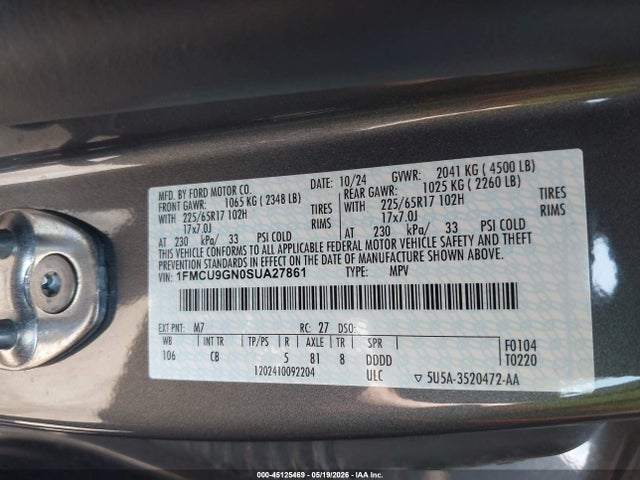45125469 :رقم المزاد ، 1FMCU9GN0SUA27861 vin ، 2025 Ford Escape Active مزاد بيع