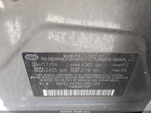 2014 Hyundai Sonata Se მანქანა იყიდება აუქციონზე, vin: 5NPEC4AC6EH882301, აუქციონის ნომერი: 45125475