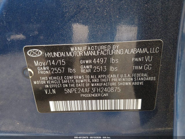 2015 Hyundai Sonata Se მანქანა იყიდება აუქციონზე, vin: 5NPE24AF3FH240875, აუქციონის ნომერი: 45125478