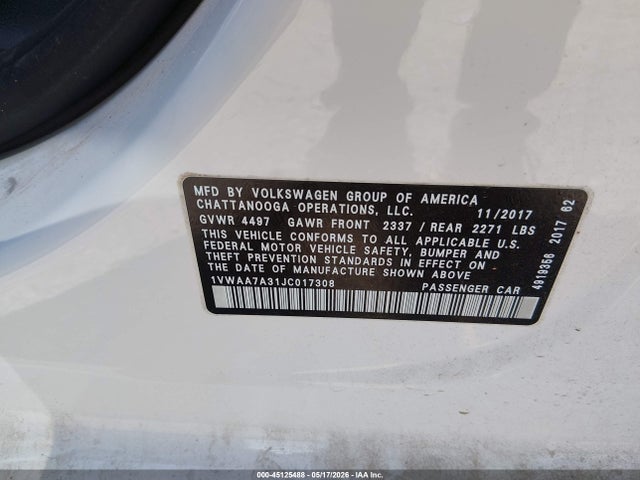 45125488 :رقم المزاد ، 1VWAA7A31JC017308 vin ، 2018 Volkswagen Passat 2.0t R-line/2.0t S مزاد بيع