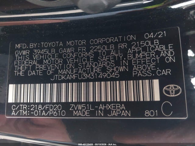 Toyota Prius Le 2021 JTDKAMFU3M3149045 Image 9