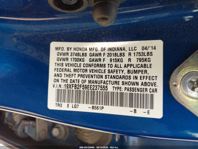 Продаж на аукціоні авто 2014 Honda Civic Lx, vin: 19XFB2F59EE237555, номер лоту: 45125498