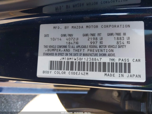 2015 Mazda Mazda3 S Grand Touring მანქანა იყიდება აუქციონზე, vin: JM1BM1W38F1238847, აუქციონის ნომერი: 45125499