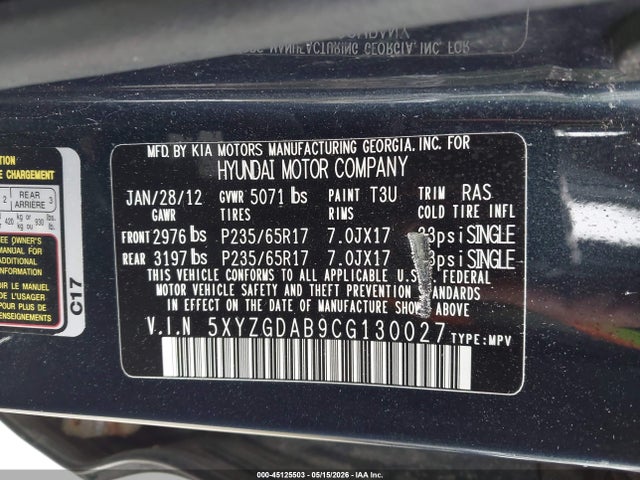 Aukcja sprzedaży 2012 Hyundai Santa Fe Gls, vin: 5XYZGDAB9CG130027, numer aukcji: 45125503