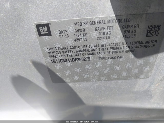 2013 Chevrolet Malibu 1lt მანქანა იყიდება აუქციონზე, vin: 1G11C5SA1DF250275, აუქციონის ნომერი: 45125521