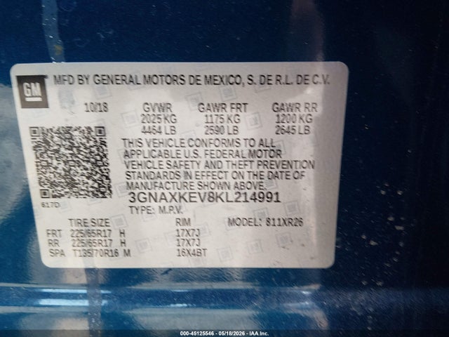 2019 Chevrolet Equinox Lt მანქანა იყიდება აუქციონზე, vin: 3GNAXKEV8KL214991, აუქციონის ნომერი: 45125546