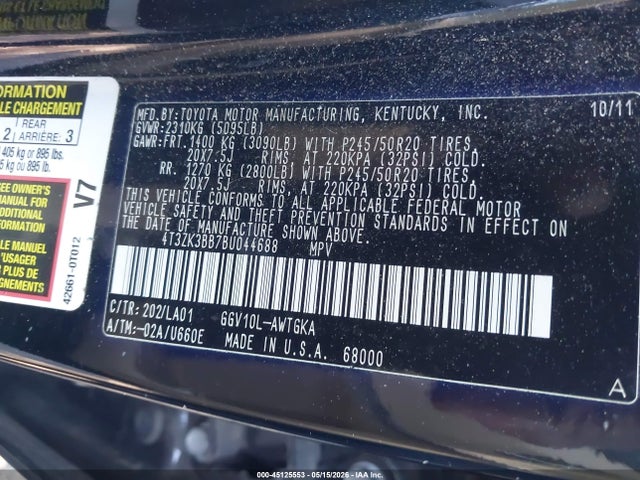 Aukcja sprzedaży 2011 Toyota Venza Base V6, vin: 4T3ZK3BB7BU044688, numer aukcji: 45125553