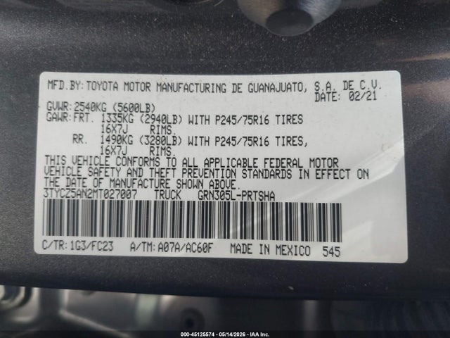 3TYCZ5AN2MT027007 Toyota Tacoma Sr5 V6