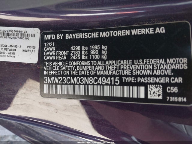Aukcja sprzedaży 2022 Bmw 230 I, vin: 3MW23CM03N8C49415, numer aukcji: 45125577