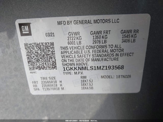 2021 Gmc Acadia Fwd Slt მანქანა იყიდება აუქციონზე, vin: 1GKKNMLS1MZ193568, აუქციონის ნომერი: 45125581