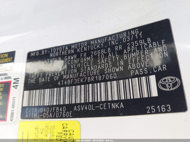 2011 Toyota Camry Le მანქანა იყიდება აუქციონზე, vin: 4T4BF3EK7BR187060, აუქციონის ნომერი: 45125586