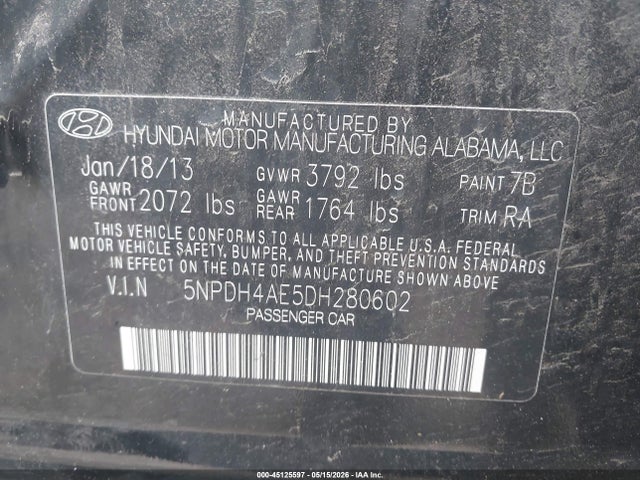 Aukcja sprzedaży 2013 Hyundai Elantra Gls, vin: 5NPDH4AE5DH280602, numer aukcji: 45125597