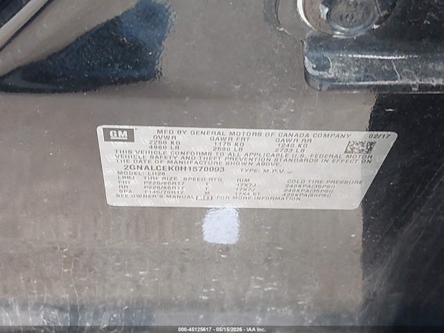 Продаж на аукціоні авто 2017 Chevrolet Equinox Lt, vin: 2GNALCEK0H1570093, номер лоту: 45125617