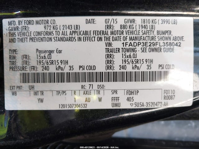 Продажа на аукционе авто 2015 Ford Focus S, vin: 1FADP3E29FL358042, номер лота: 45125621