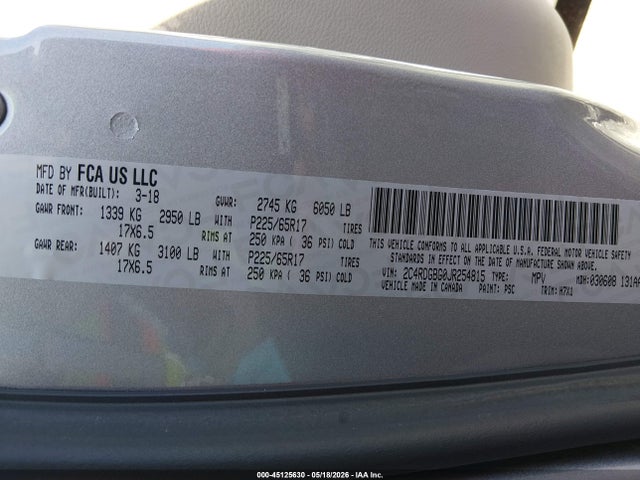 Aukcja sprzedaży 2018 Dodge Grand Caravan Se, vin: 2C4RDGBG0JR254815, numer aukcji: 45125630