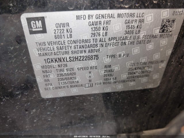 Aukcja sprzedaży 2017 Gmc Acadia Denali, vin: 1GKKNXLS2HZ226875, numer aukcji: 45125638