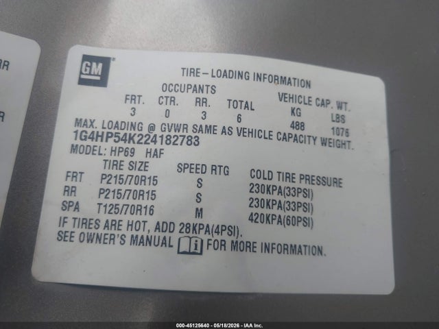 2002 Buick Lesabre Custom მანქანა იყიდება აუქციონზე, vin: 1G4HP54K224182783, აუქციონის ნომერი: 45125640