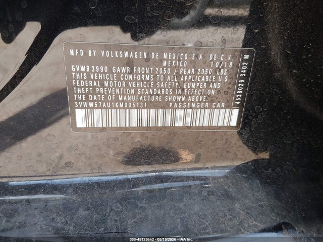 45125642 :رقم المزاد ، 3VWW57AU1KM005131 vin ، 2019 Volkswagen Golf 1.4t S/1.4t Se مزاد بيع
