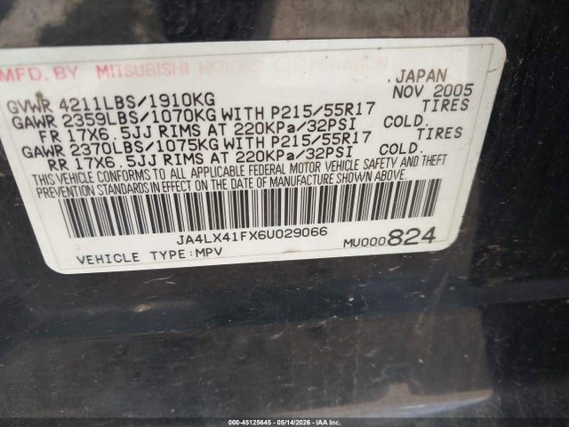 45125645 :رقم المزاد ، JA4LX41FX6U029066 vin ، 2006 Mitsubishi Outlander Se مزاد بيع