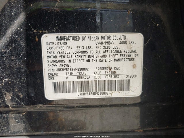 45125649 :رقم المزاد ، JNKBV61E98M228802 vin ، 2008 Infiniti G35 Journey مزاد بيع