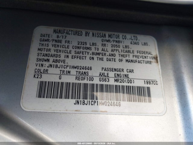Aukcja sprzedaży 2017 Nissan Rogue Sport Sv, vin: JN1BJ1CP1HW024646, numer aukcji: 45125660