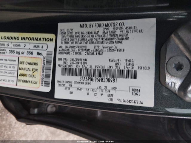 Ford FUSION SE 2015 3FA6P0H95FR300981 Image 9