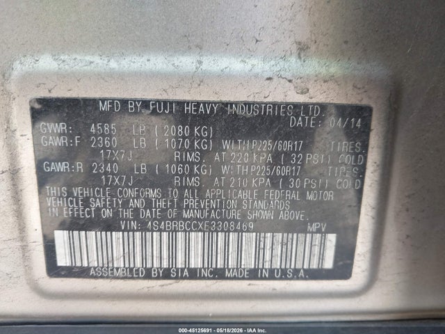 Продаж на аукціоні авто 2014 Subaru Outback 2.5i Premium, vin: 4S4BRBCCXE3308469, номер лоту: 45125691