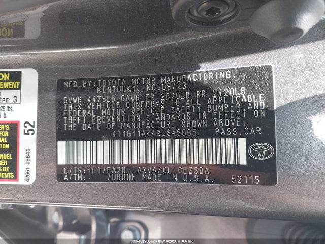 45125692 :رقم المزاد ، 4T1G11AK4RU849065 vin ، 2024 Toyota Camry Se مزاد بيع