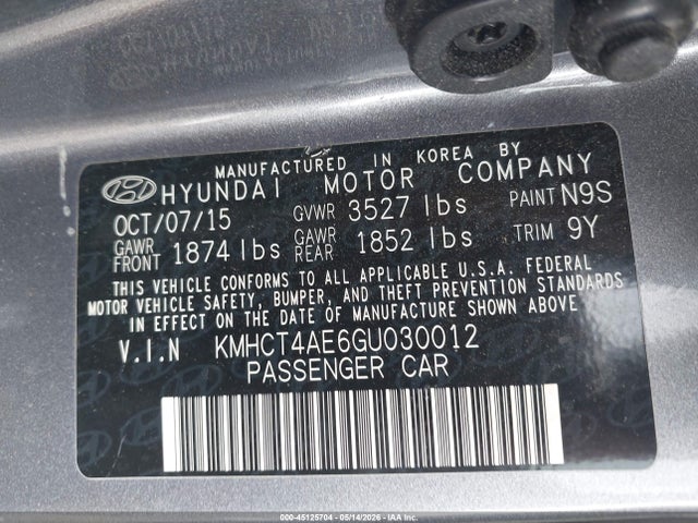 Aukcja sprzedaży 2016 Hyundai Accent Se, vin: KMHCT4AE6GU030012, numer aukcji: 45125704