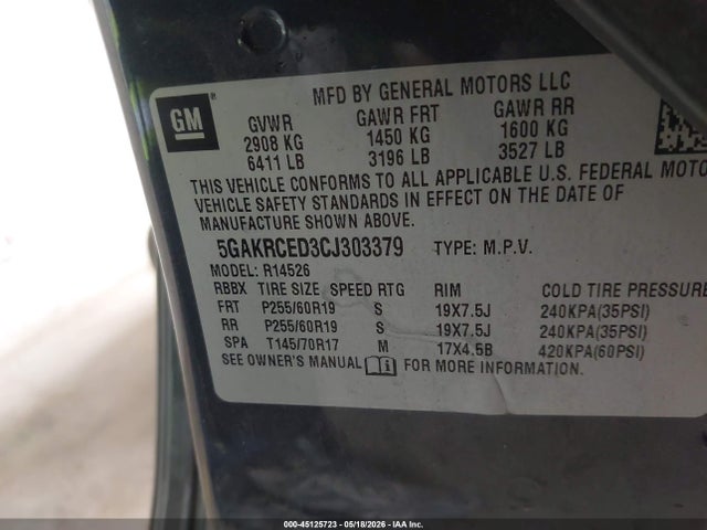 Продажа на аукционе авто 2012 Buick Enclave Leather, vin: 5GAKRCED3CJ303379, номер лота: 45125723