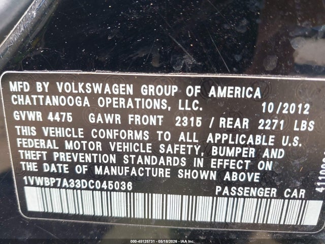 2013 Volkswagen Passat 2.5l Se მანქანა იყიდება აუქციონზე, vin: 1VWBP7A33DC045036, აუქციონის ნომერი: 45125731