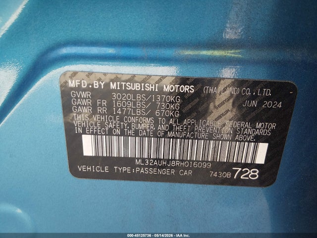 Продаж на аукціоні авто 2024 Mitsubishi Mirage Es/le, vin: ML32AUHJ8RH016099, номер лоту: 45125736